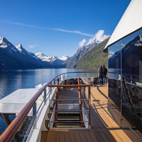Deck aboard expedition cruise ship World Voyager in Sunnylvsfjorden, near Stranda, Møre og Romsdal, Norway